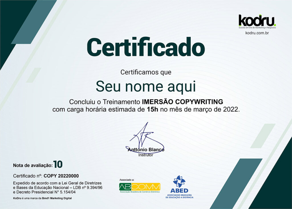 Curso Imersao Coywriting certificado de conclusao | Curso Copywriting